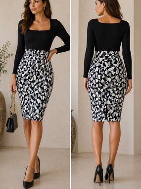 NWOT-Black & White Abstract Print Pencil Skirt